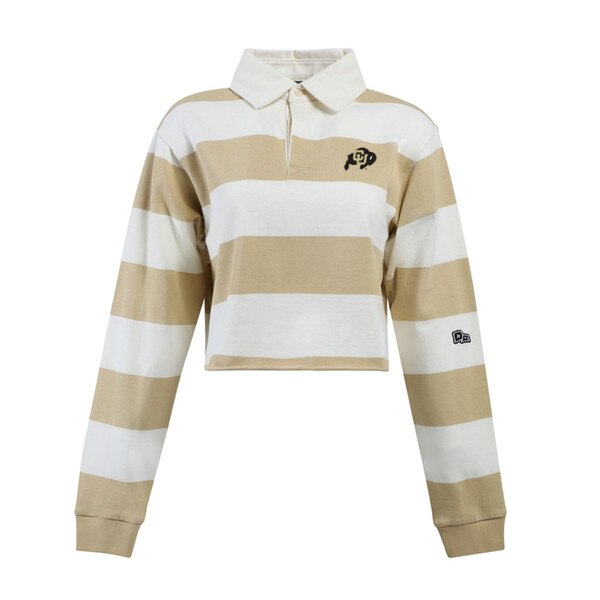 Cropped long-sleeve rugby shirt with white and gold stripes, featuring a CU Buffaloes logo on the chest.